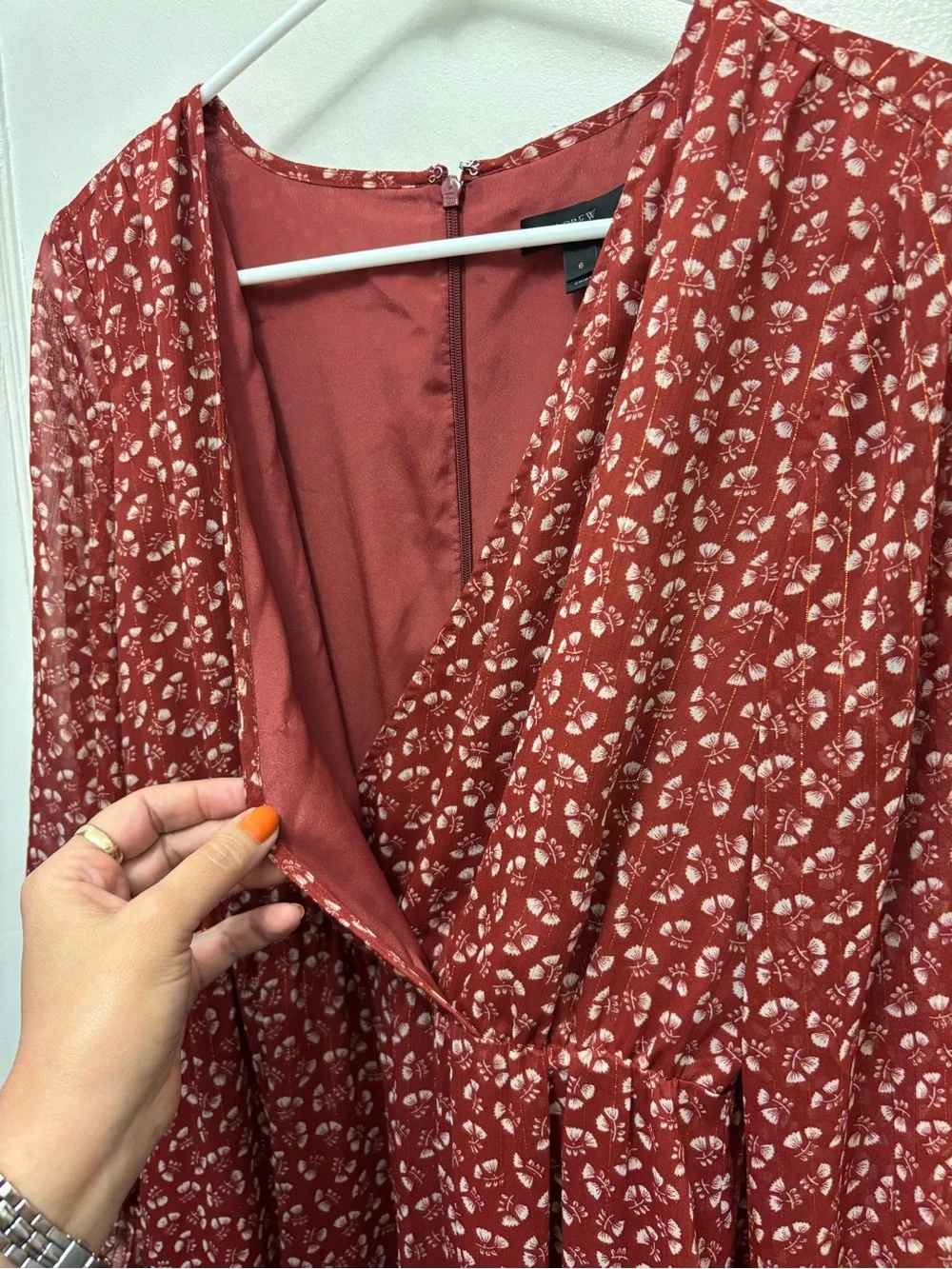 J. Crew Point Sur Faux Wrap Floral Print Rusty Red Lined Dress Size 6